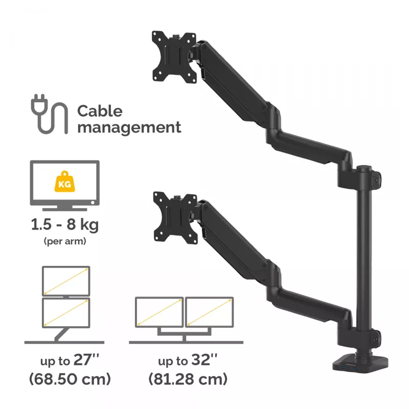 Fellowes Platinum Series Dual Stacking Monitor Arm – Monitorhalterung für zwei 8 kg schwere 27-Zoll-Bildschirme – Verstellbare Doppelmonitor-Tischhalterung – Neigung 45° Schwenken 180° Drehung 360° Rotation 360°, VESA 75 x 75/100 x 100 – Schwarz