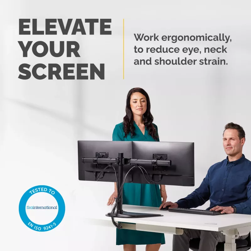 Fellowes Seasa Dual Monitor Arm - Freistehende Monitorhalterung für 8 kg schwere 27-Zoll-Bildschirme – Ergonomisch verstellbarer Monitorarm – Neigung ±45°, Schwenkbereich 120°, Drehung 360° – VESA 75 x 75/100 x 100 – Schwarz