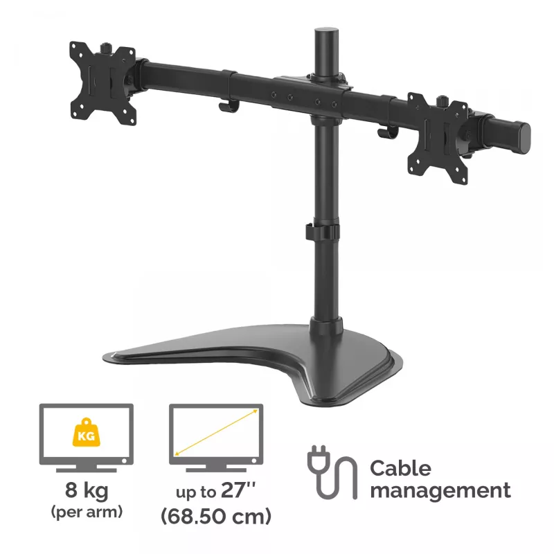 Fellowes Seasa Dual Monitor Arm - Freistehende Monitorhalterung für 8 kg schwere 27-Zoll-Bildschirme – Ergonomisch verstellbarer Monitorarm – Neigung ±45°, Schwenkbereich 120°, Drehung 360° – VESA 75 x 75/100 x 100 – Schwarz