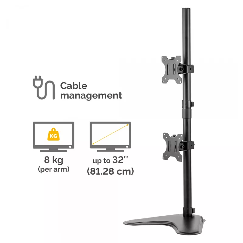 Fellowes Seasa Dual Stacking Monitor Arm - Freistehende Monitorhalterung für 8 KG 32-Zoll-Bildschirme - Ergonomisch verstellbarer Monitorarm - Neigung 45° Schwenkbereich 120° Drehung 360°, VESA 75 x 75/100 x 100 - Schwarz