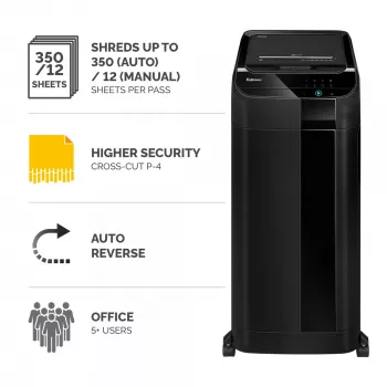 Fellowes Aktenvernichter 350 Blatt automatische Zuführung Partikelschnitt Aktenvernichter AutoMax 350C mit 68-Liter-Behälter hohe Sicherheit P4