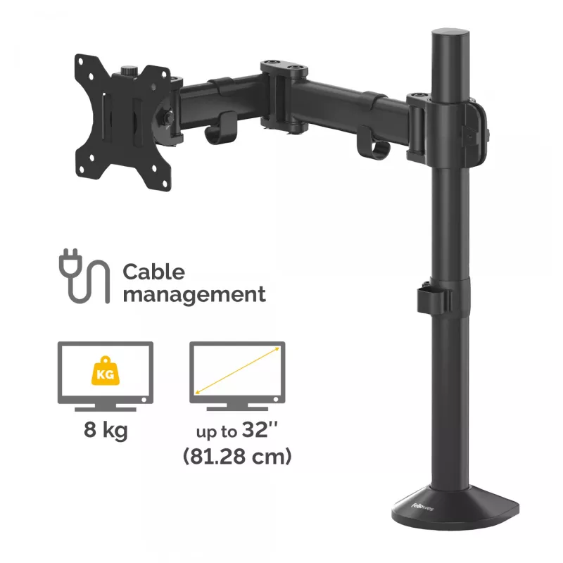 Fellowes Reflex Monitorhalterung - Monitorhalterung für 8 kg 32 Zoll Bildschirme - Verstellbare Monitor-Tischhalterung - Neigung 45° Schwenkbereich 180° Rotation 360°, VESA 75 x 75/100 x 100 - Schwarz