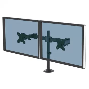 Fellowes Reflex Doppel-Monitorarm – Doppel-Monitorhalterung für 8 kg schwere 27-Zoll-Bildschirme – verstellbare Monitor-Tischhalterung – Neigung 45° Schwenken 180° Drehung 360°, VESA 75 x 75/100 x 100 – Schwarz