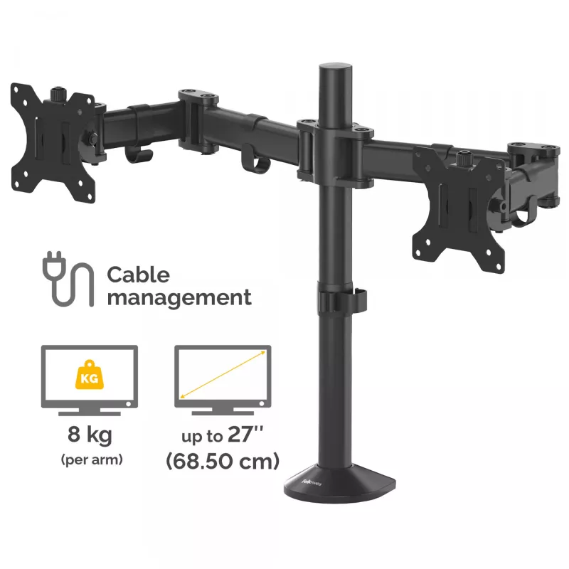 Fellowes Reflex Doppel-Monitorarm – Doppel-Monitorhalterung für 8 kg schwere 27-Zoll-Bildschirme – verstellbare Monitor-Tischhalterung – Neigung 45° Schwenken 180° Drehung 360°, VESA 75 x 75/100 x 100 – Schwarz