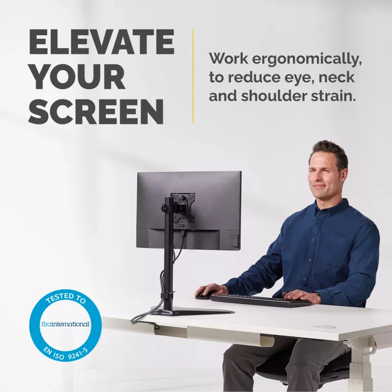 Fellowes Seasa Einzelmonitorarm - Freistehende Monitorhalterung für 8 kg 32-Zoll-Bildschirme - Ergonomisch verstellbarer Monitorarm - Neigung 45° Schwenkbereich 120° Drehung 360°, VESA 75 x 75/100 x 100 - Schwarz