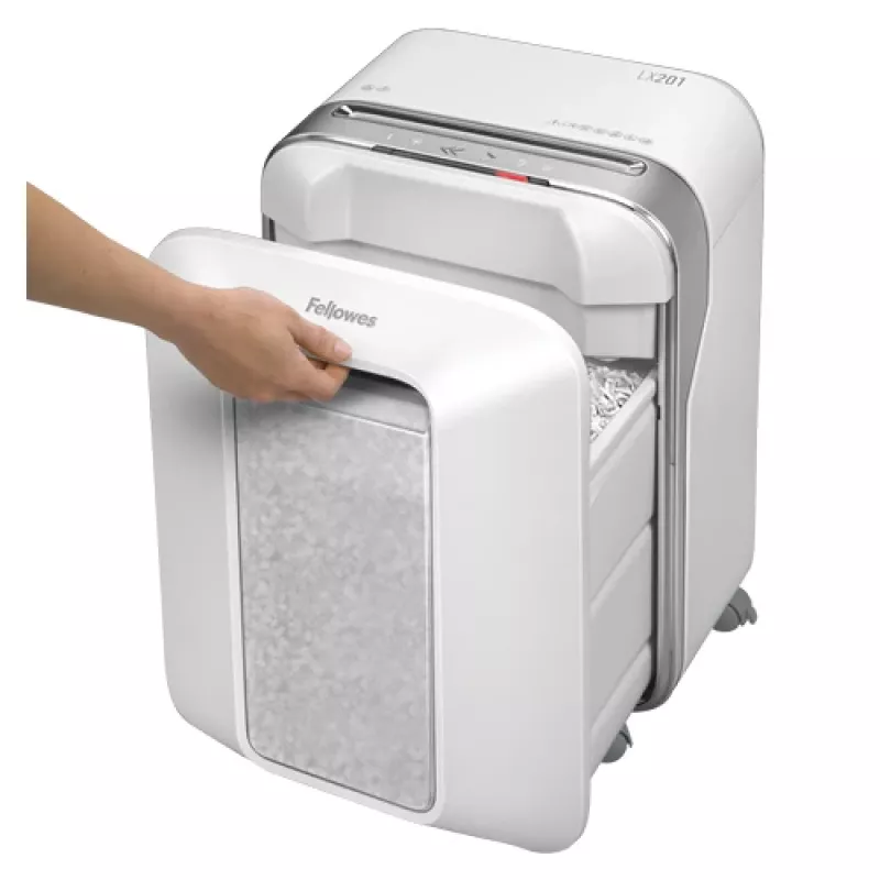 Fellowes Powershred LX201 Mikroschnitt-Aktenvernichter weiß, Mikroschnitt, 23 cm, 2 x 12 mm, 22 L, Touch, 4 Räder