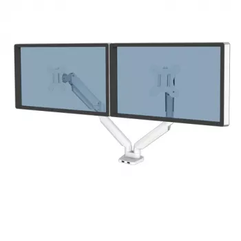 Fellowes Platinum Series Dual-Monitorarm – Monitorhalterung für zwei 8 kg schwere 40-Zoll-Bildschirme – verstellbare Dual-Monitor-Tischhalterung – Neigung 45°, Schwenken 180°, Drehen 360°, Rotation 360°, VESA 75 x 75/100 x 100 – Weiß