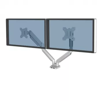 Fellowes Platinum Series Dual Monitor Arm - Monitorhalterung für zwei 8 kg 40 Zoll Bildschirme - Verstellbare duale Monitor-Tischhalterung - Neigung 45° Schwenken 180ᵒ Drehung 360ᵒ Rotation 360ᵒ, VESA 75 x 75/100 x 100 - Silber