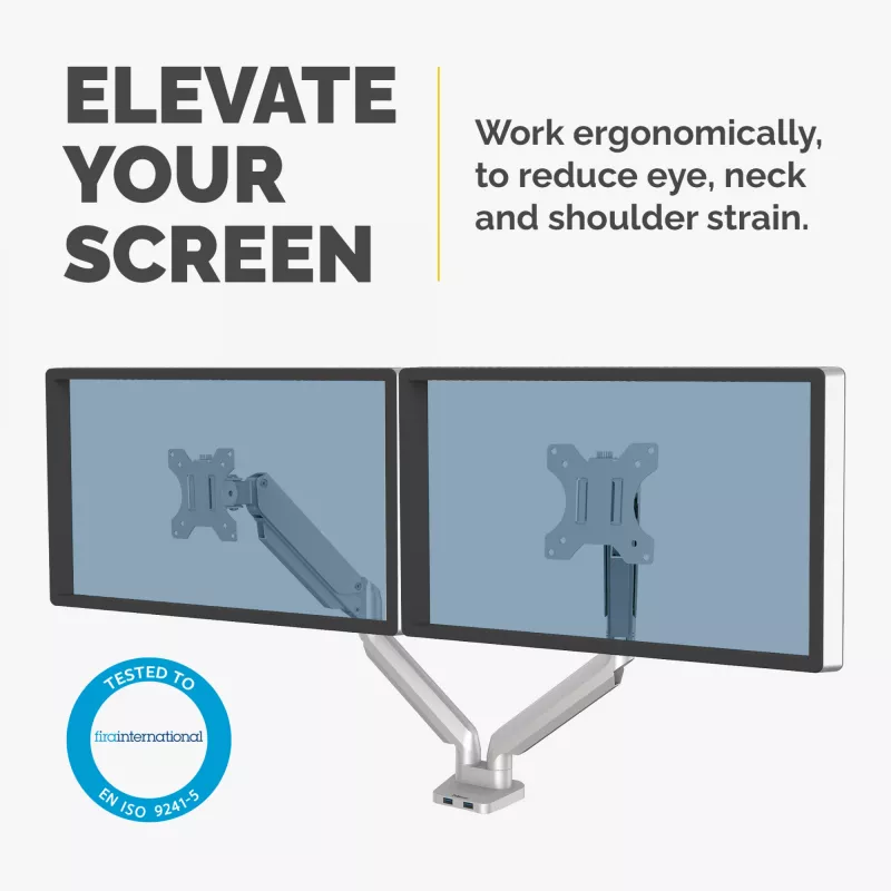Fellowes Platinum Series Dual Monitor Arm - Monitorhalterung für zwei 8 kg 40 Zoll Bildschirme - Verstellbare duale Monitor-Tischhalterung - Neigung 45° Schwenken 180ᵒ Drehung 360ᵒ Rotation 360ᵒ, VESA 75 x 75/100 x 100 - Silber