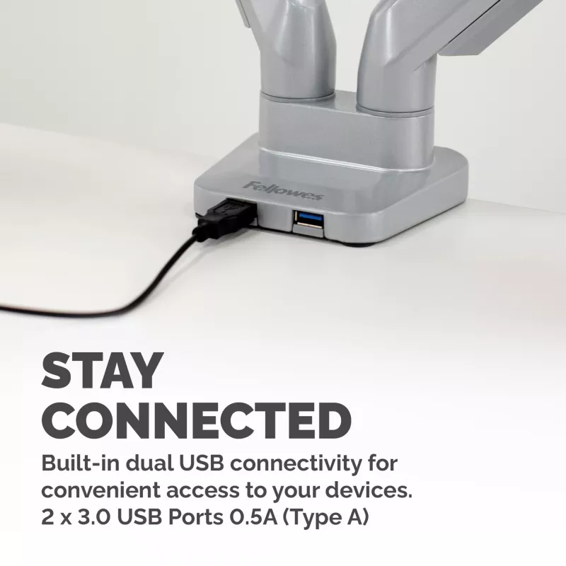 Fellowes Platinum Series Dual Monitor Arm - Monitorhalterung für zwei 8 kg 40 Zoll Bildschirme - Verstellbare duale Monitor-Tischhalterung - Neigung 45° Schwenken 180ᵒ Drehung 360ᵒ Rotation 360ᵒ, VESA 75 x 75/100 x 100 - Silber