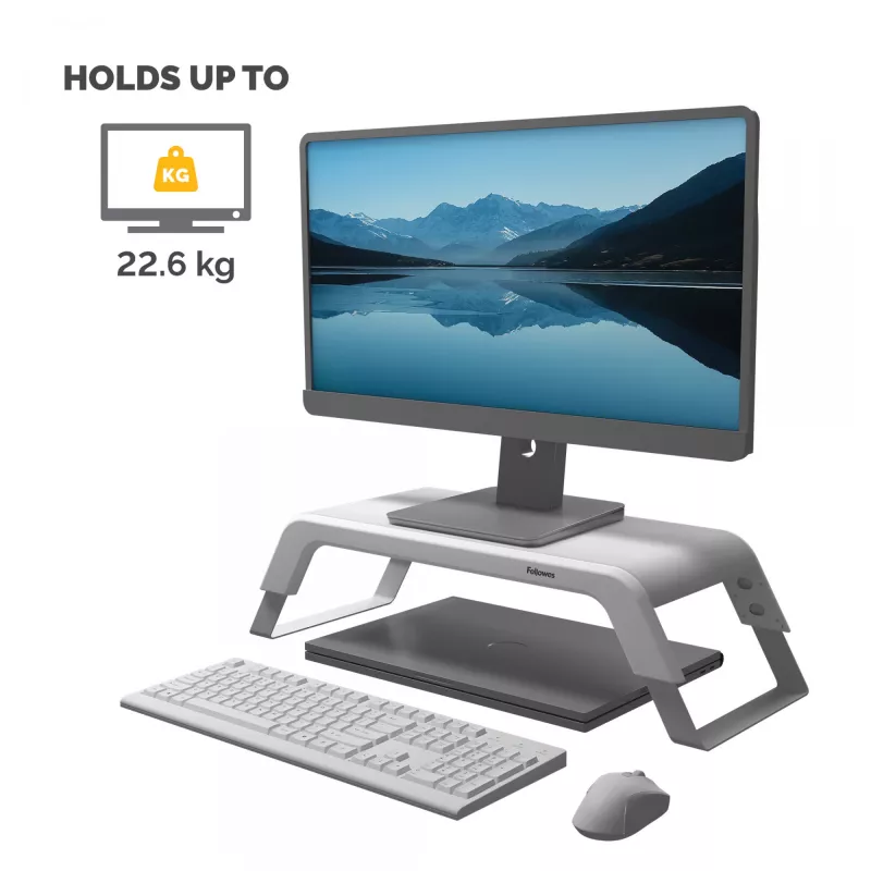 Fellowes Computermonitorständer mit 3 Höhenverstellungen - Hana LT Monitorerhöhung - Ergonomischer verstellbarer Monitorständer für Computer - Maximales Gewicht 22,6 kg - Weiß