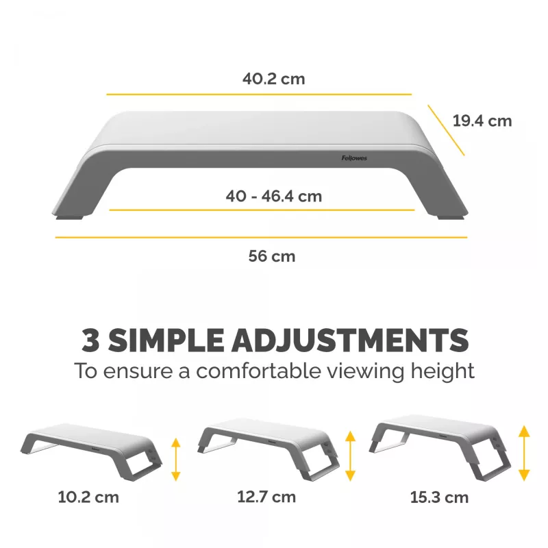 Fellowes Computermonitorständer mit 3 Höhenverstellungen - Hana LT Monitorerhöhung - Ergonomischer verstellbarer Monitorständer für Computer - Maximales Gewicht 22,6 kg - Weiß
