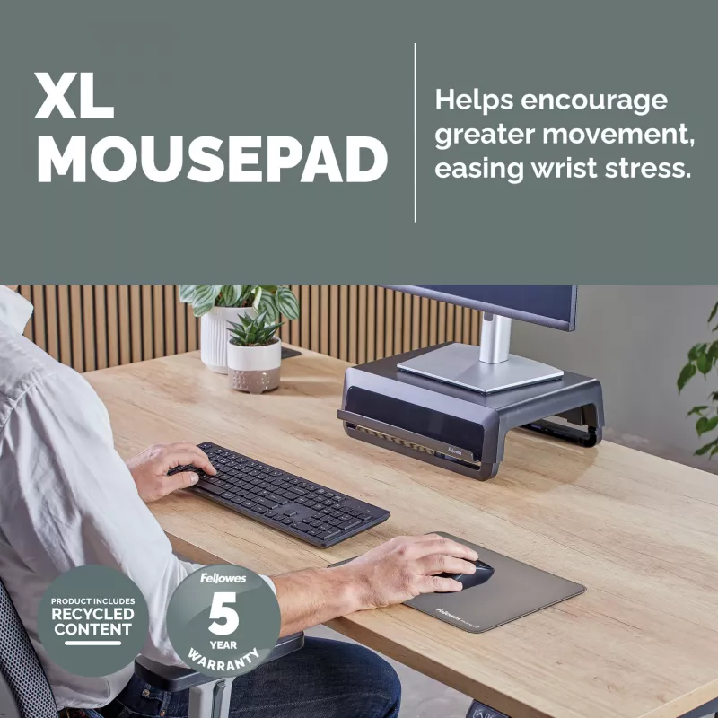 Fellowes Breyta XL Mauspad mit rutschfester Unterlage XL Mauspad mit antibakteriellem Schutz Grau