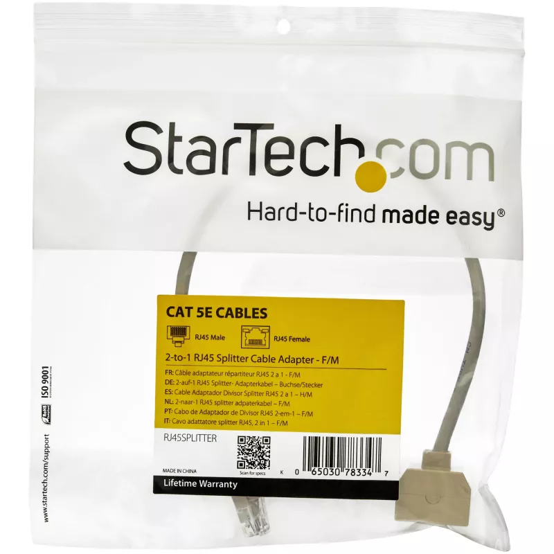StarTech.com 2-zu-1 RJ45 Splitter Kabeladapter - F/M, 10/100Base-T(X), Cat5e, Grau, Polyvinylchlorid (PVC), 0,33 m, Stecker/Buchse