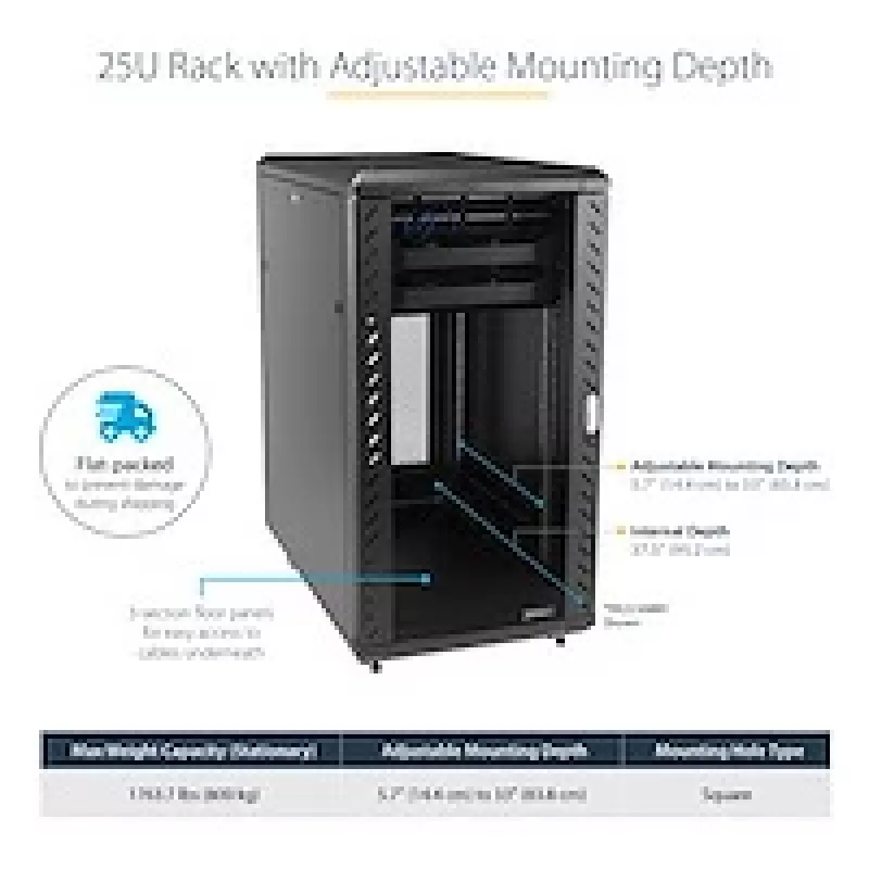 StarTech.com 4-Post 25U Server-Rack-Schrank, abschließbarer 19-Zoll-Daten-Rack-Schrank für Computer / AV / IT-Ausrüstung, Büro- / Heimnetzwerk-Rack mit Rollen und verstellbaren Montageschienen