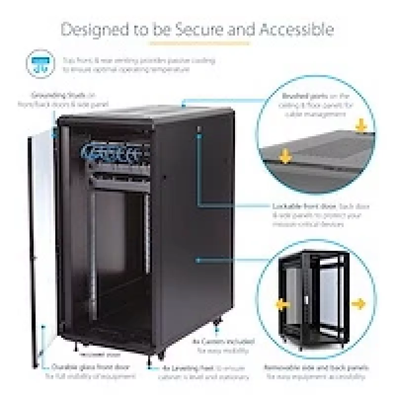 StarTech.com 4-Post 25U Server-Rack-Schrank, abschließbarer 19-Zoll-Daten-Rack-Schrank für Computer / AV / IT-Ausrüstung, Büro- / Heimnetzwerk-Rack mit Rollen und verstellbaren Montageschienen
