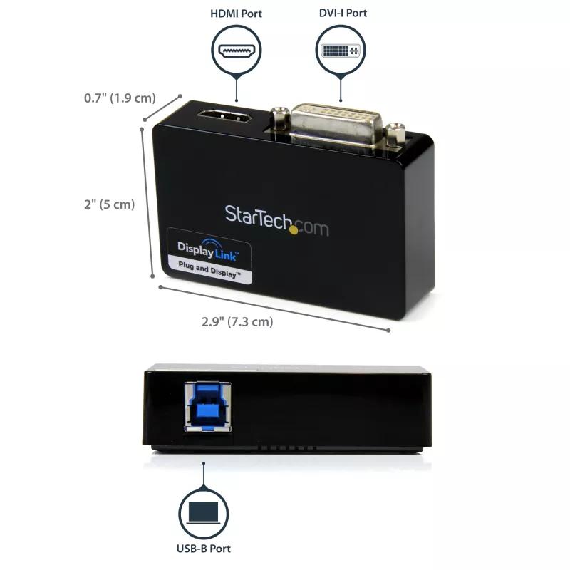 StarTech.com USB 3.0 auf HDMI / DVI Adapter - 2048 x 1152, 3.2 Gen 1 (3.1 Gen 1), USB Typ-B, DVI-Ausgang, HDMI-Ausgang, 2048 x 1152 Pixel