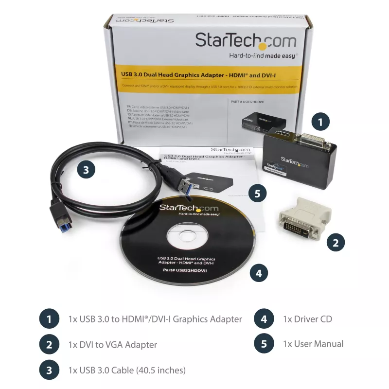 StarTech.com USB 3.0 auf HDMI / DVI Adapter - 2048 x 1152, 3.2 Gen 1 (3.1 Gen 1), USB Typ-B, DVI-Ausgang, HDMI-Ausgang, 2048 x 1152 Pixel