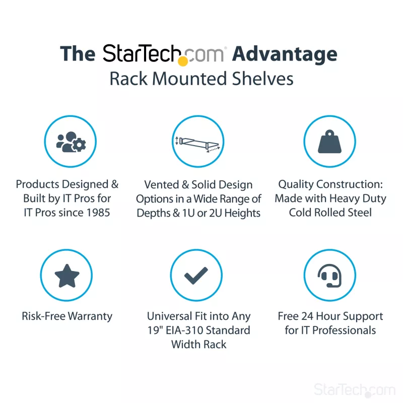 StarTech.com 2U Server-Rack-Einlegeboden – Universeller auskragender Rack-Montageboden für 19-Zoll-Netzwerkausrüstungs-Rack und -Schrank – Hochbelastbarer Stahl – Tragfähigkeit 22,6 kg – 22 Zoll tiefes Tablett, Schwarz