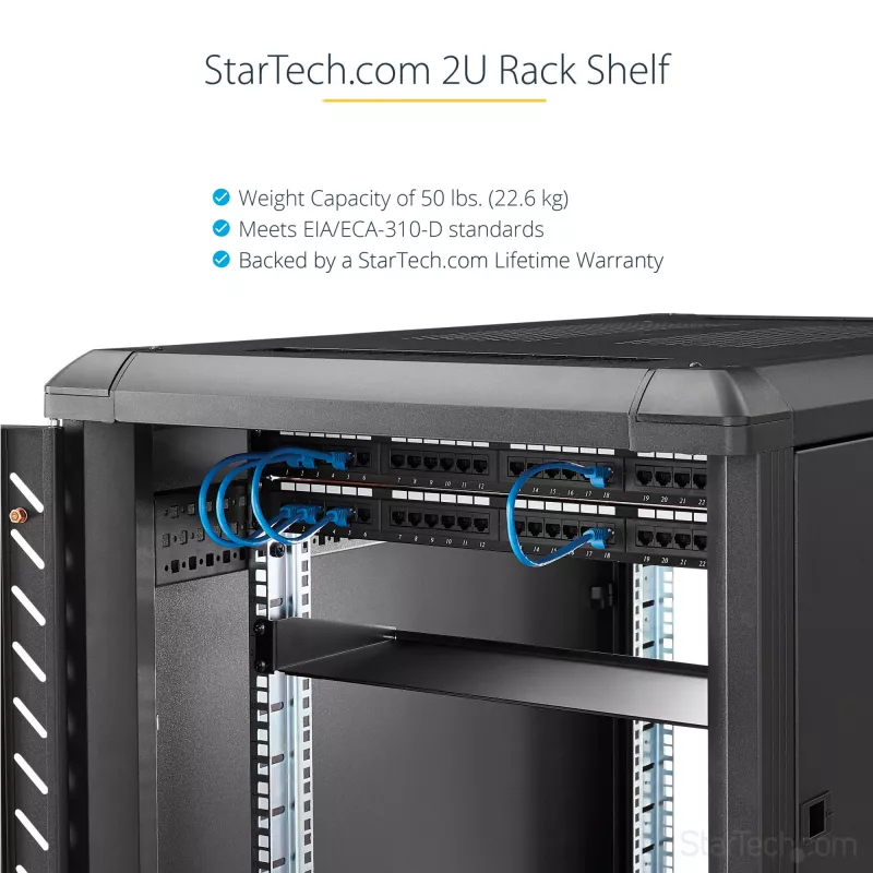 StarTech.com 2U Server-Rack-Einlegeboden – Universeller auskragender Rack-Montageboden für 19-Zoll-Netzwerkausrüstungs-Rack und -Schrank – Hochbelastbarer Stahl – Tragfähigkeit 22,6 kg – 22 Zoll tiefes Tablett, Schwarz