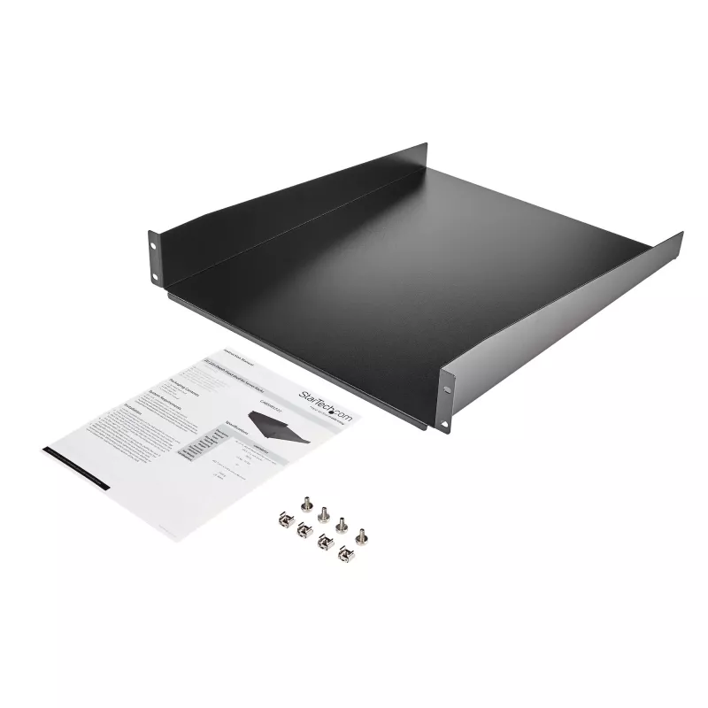 StarTech.com 2U Server-Rack-Einlegeboden – Universeller auskragender Rack-Montageboden für 19-Zoll-Netzwerkausrüstungs-Rack und -Schrank – Hochbelastbarer Stahl – Tragfähigkeit 22,6 kg – 22 Zoll tiefes Tablett, Schwarz