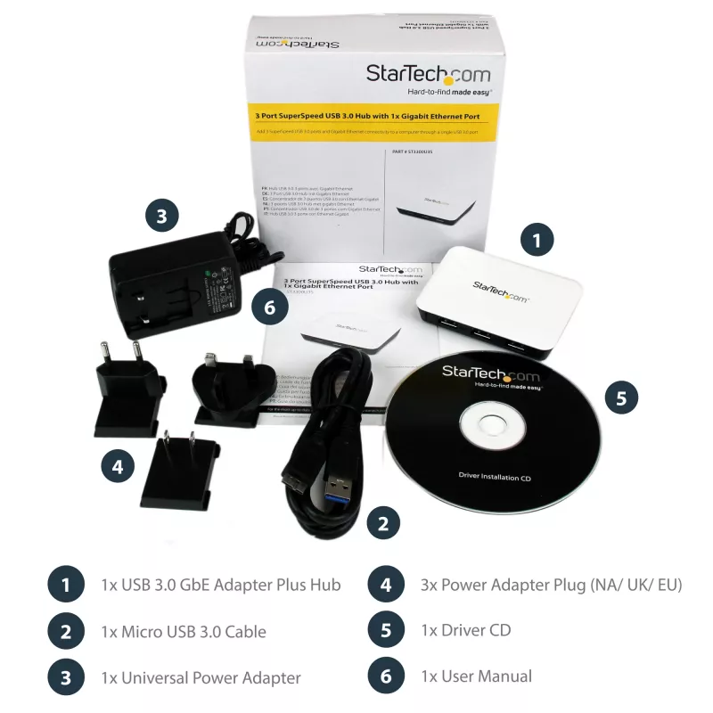 StarTech.com USB 3.0 zu Gigabit Ethernet NIC Netzwerkadapter mit 3-Port-Hub - Weiß