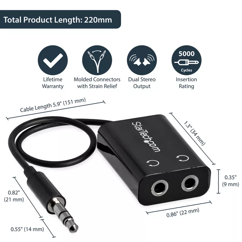 StarTech.com Schwarzer schlank Mini-Klinken-Kopfhörer-Splitterkabel-Adapter – 3,5 mm Stecker auf 2x 3,5 mm Buchse