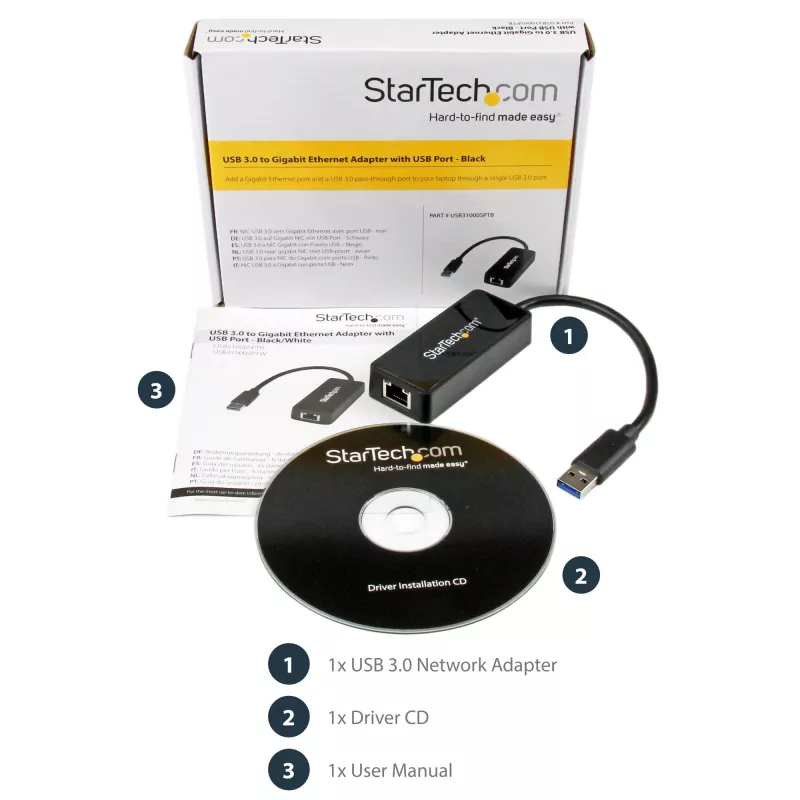 StarTech.com USB 3.0 auf Gigabit Ethernet Adapter NIC mit USB-Port – Schwarz