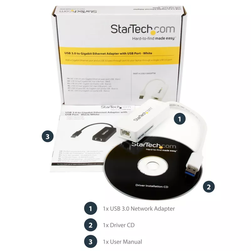 StarTech.com USB 3.0 auf Gigabit Ethernet Adapter NIC mit USB-Port – Weiß