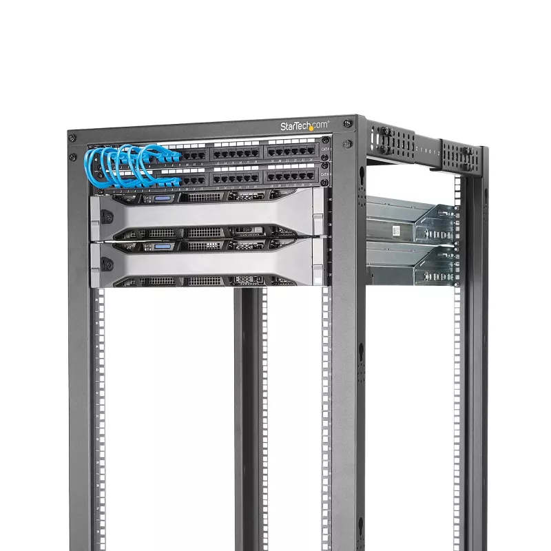 StarTech.com 4-Post 42U Mobiles Open-Frame-Serverrack, Vier-Pfosten 19 Zoll Netzwerkrack mit Rollen, Rollbares Rack mit einstellbarer Tiefe für Computer/AV/Daten/IT-Ausrüstung – Rollen, Nivellierfüße oder Bodenmontage