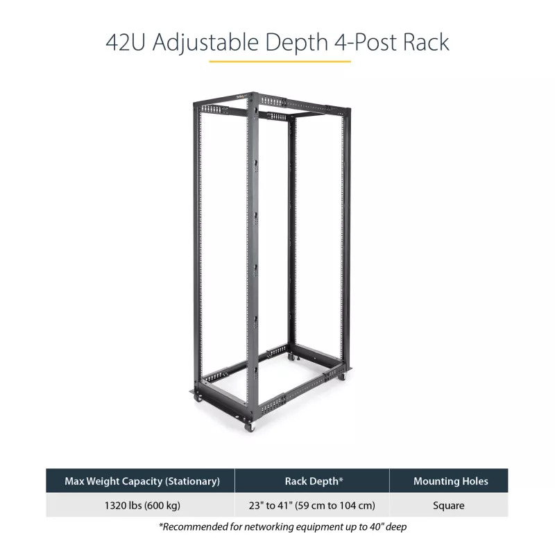 StarTech.com 4-Post 42U Mobiles Open-Frame-Serverrack, Vier-Pfosten 19 Zoll Netzwerkrack mit Rollen, Rollbares Rack mit einstellbarer Tiefe für Computer/AV/Daten/IT-Ausrüstung – Rollen, Nivellierfüße oder Bodenmontage
