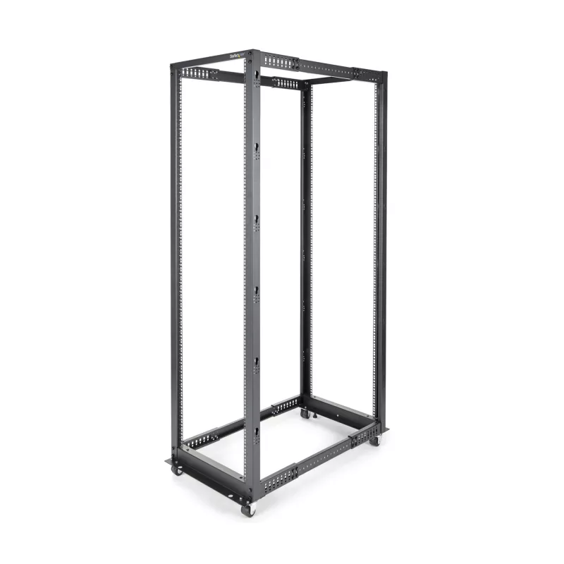 StarTech.com 4-Post 42U Mobiles Open-Frame-Serverrack, Vier-Pfosten 19 Zoll Netzwerkrack mit Rollen, Rollbares Rack mit einstellbarer Tiefe für Computer/AV/Daten/IT-Ausrüstung – Rollen, Nivellierfüße oder Bodenmontage