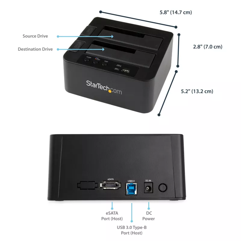 StarTech.com Dual Bay Festplatten-Duplizierer, Standalone USB 3.0 (5 Gbit/s) / eSATA zu 2,5/3,5 Zoll SATA III HDD/SSD Kloner/Kopierer, Festplatten-Dockingstation, Festplattenkloner