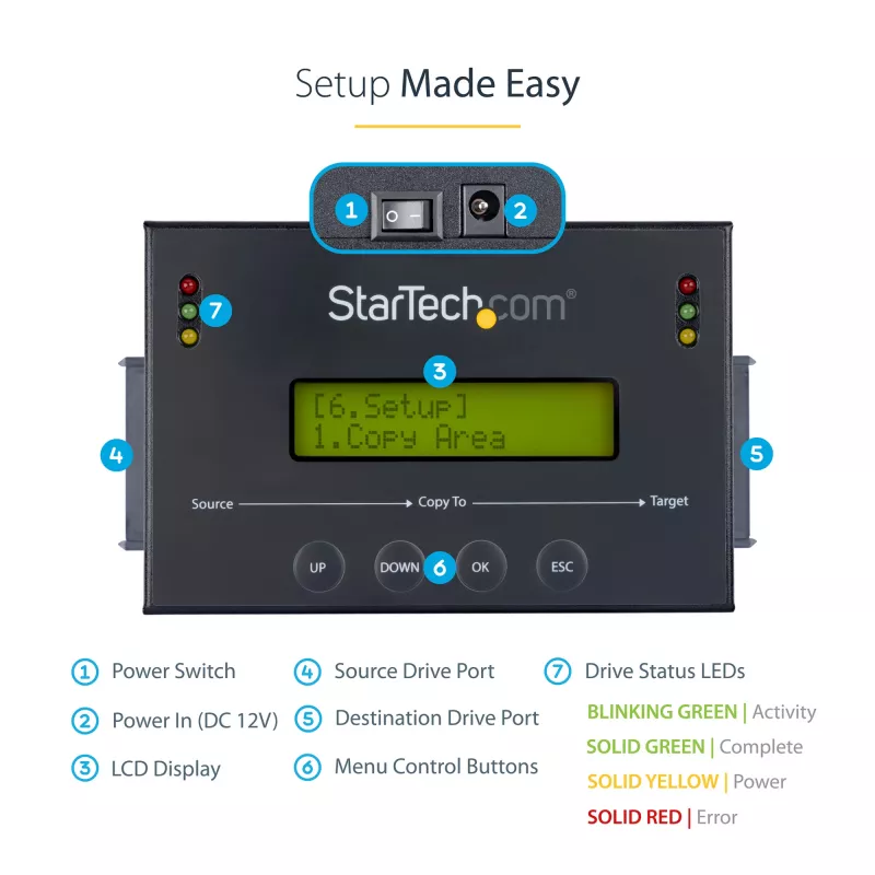 StarTech.com 1:1 Standalone-Festplatten-Duplikator mit Disk-Image-Manager für Backup und Wiederherstellung, mehrere Disk-Images auf einem 2,5/3,5-Zoll-SATA-Laufwerk speichern, HDD/SSD-Kloner, kein PC erforderlich