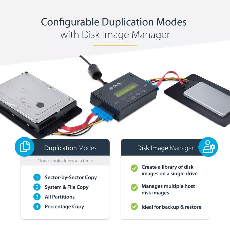 StarTech.com 1:1 Standalone-Festplatten-Duplikator mit Disk-Image-Manager für Backup und Wiederherstellung, mehrere Disk-Images auf einem 2,5/3,5-Zoll-SATA-Laufwerk speichern, HDD/SSD-Kloner, kein PC erforderlich