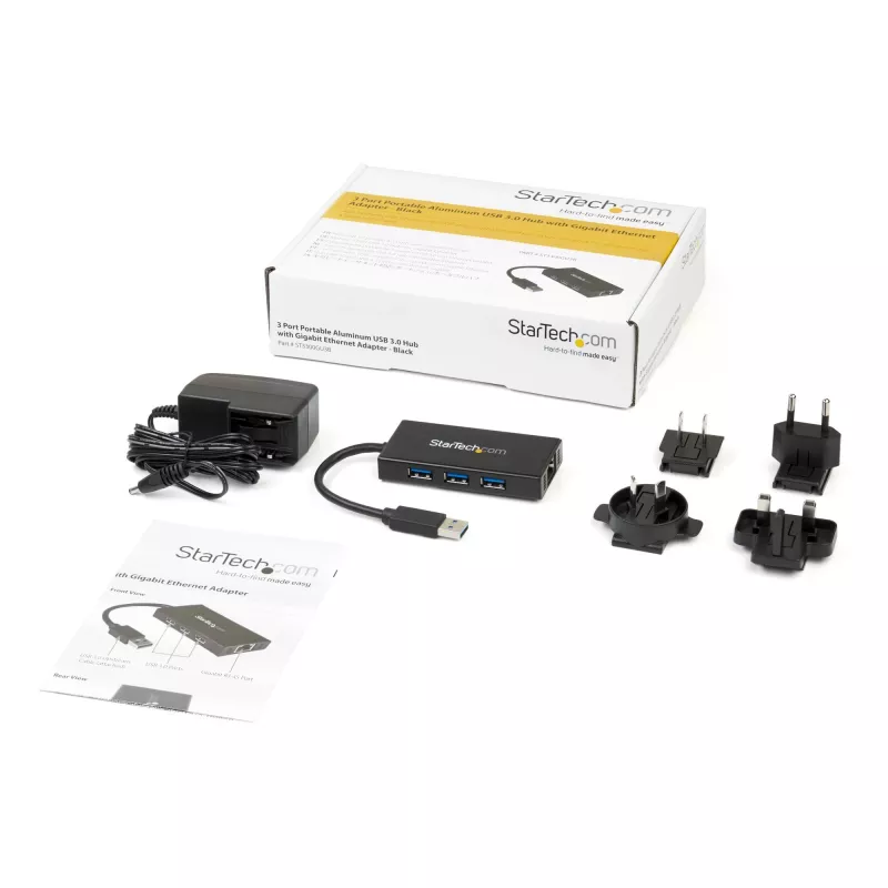 StarTech.com 3-Port tragbarer USB 3.0 Hub mit Gigabit Ethernet - Aluminium mit integriertem Kabel~3-Port tragbarer USB 3.0 Hub mit Gigabit Ethernet - 5 Gbit/s - Aluminium mit integriertem Kabel