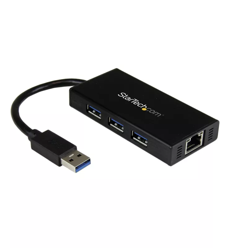 StarTech.com 3-Port tragbarer USB 3.0 Hub mit Gigabit Ethernet - Aluminium mit integriertem Kabel~3-Port tragbarer USB 3.0 Hub mit Gigabit Ethernet - 5 Gbit/s - Aluminium mit integriertem Kabel