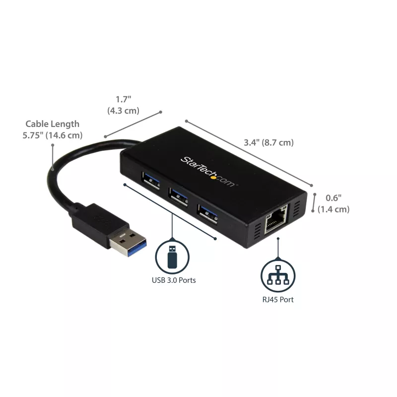 StarTech.com 3-Port tragbarer USB 3.0 Hub mit Gigabit Ethernet - Aluminium mit integriertem Kabel~3-Port tragbarer USB 3.0 Hub mit Gigabit Ethernet - 5 Gbit/s - Aluminium mit integriertem Kabel