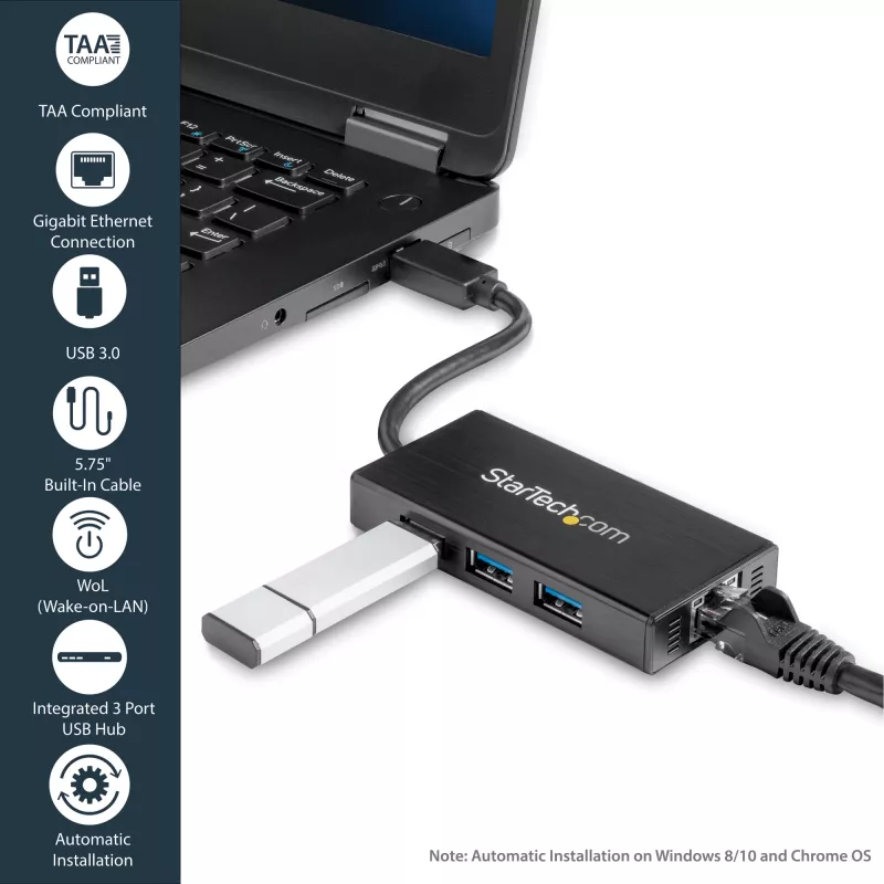 StarTech.com 3-Port tragbarer USB 3.0 Hub mit Gigabit Ethernet - Aluminium mit integriertem Kabel~3-Port tragbarer USB 3.0 Hub mit Gigabit Ethernet - 5 Gbit/s - Aluminium mit integriertem Kabel