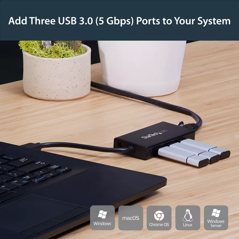 StarTech.com 3-Port tragbarer USB 3.0 Hub mit Gigabit Ethernet - Aluminium mit integriertem Kabel~3-Port tragbarer USB 3.0 Hub mit Gigabit Ethernet - 5 Gbit/s - Aluminium mit integriertem Kabel