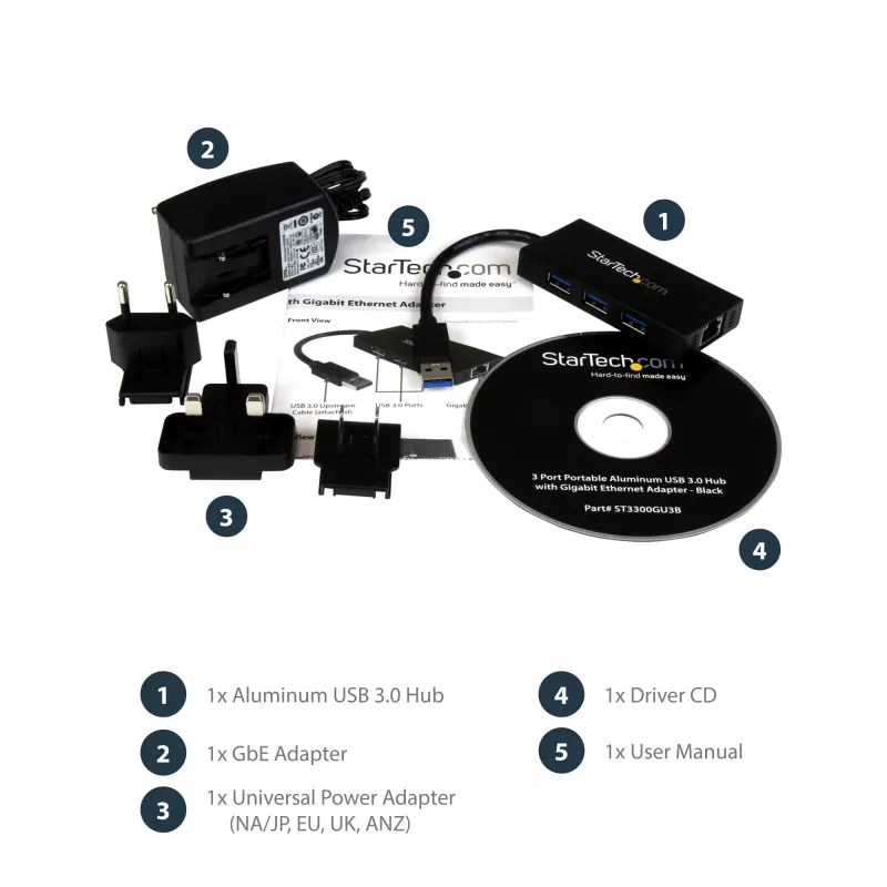 StarTech.com 3-Port tragbarer USB 3.0 Hub mit Gigabit Ethernet - Aluminium mit integriertem Kabel~3-Port tragbarer USB 3.0 Hub mit Gigabit Ethernet - 5 Gbit/s - Aluminium mit integriertem Kabel