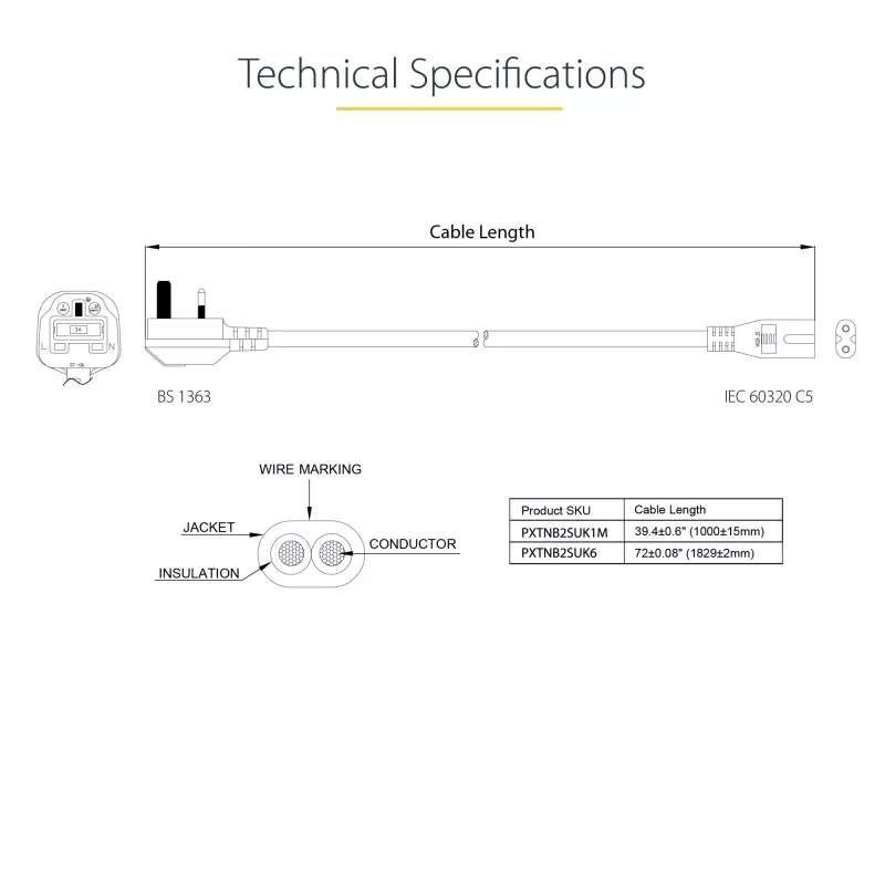 StarTech.com 3ft (1m) UK Laptop-Netzkabel, BS 1363 auf C7, 2,5A 250V, 18AWG, Schwarz, UK Laptop-Ersatzkabel, Drucker-Netzkabel, AC Laptop-Ladekabel, Laptop-Netzteilkabel