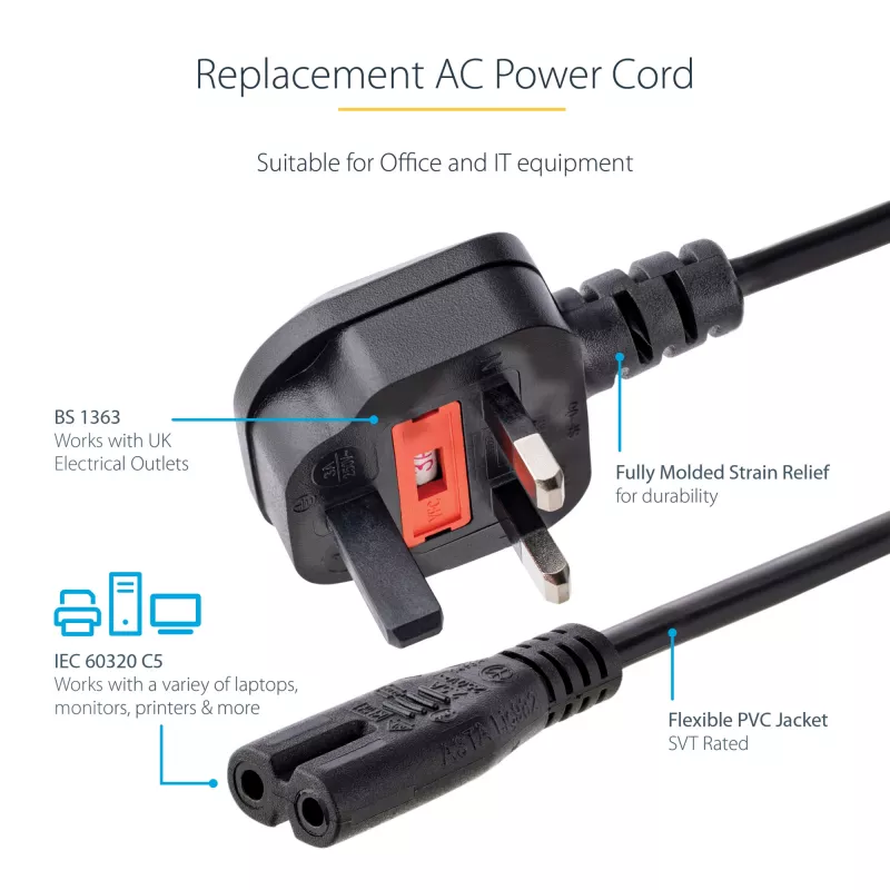 StarTech.com 3ft (1m) UK Laptop-Netzkabel, BS 1363 auf C7, 2,5A 250V, 18AWG, Schwarz, UK Laptop-Ersatzkabel, Drucker-Netzkabel, AC Laptop-Ladekabel, Laptop-Netzteilkabel