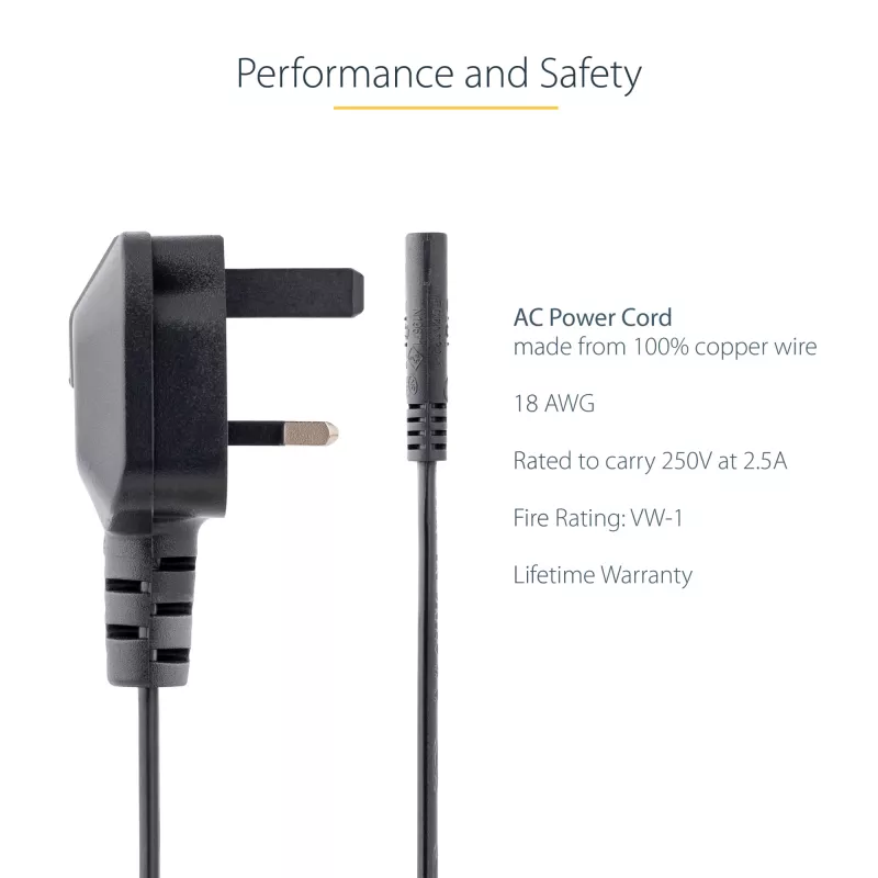 StarTech.com 3ft (1m) UK Laptop-Netzkabel, BS 1363 auf C7, 2,5A 250V, 18AWG, Schwarz, UK Laptop-Ersatzkabel, Drucker-Netzkabel, AC Laptop-Ladekabel, Laptop-Netzteilkabel