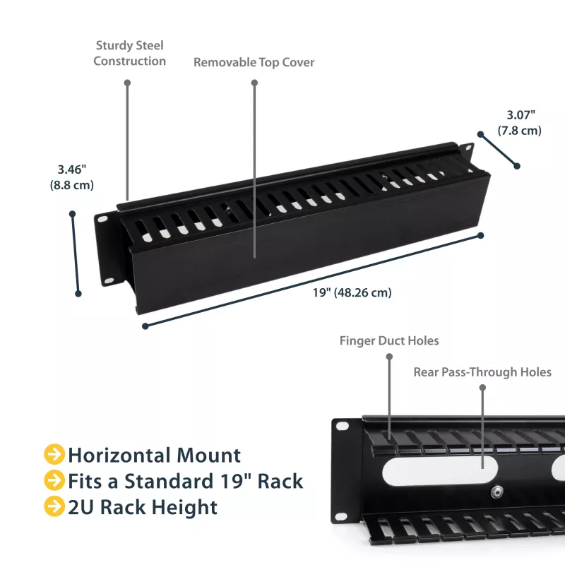 StarTech.com Horizontales 2U-Serverrack-Kabelmanagement-Fingerkanal mit Abdeckung – 19-Zoll-Netzwerkrack-Kabelkanalplatte – Geschlitzter Kabelkanal