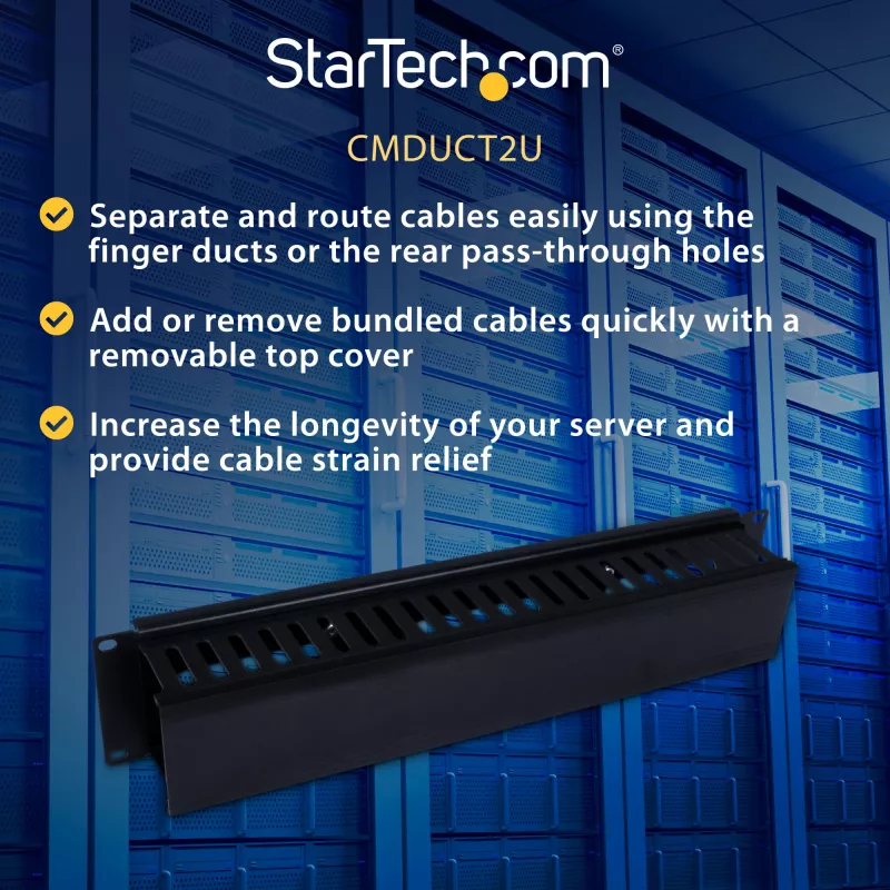 StarTech.com Horizontales 2U-Serverrack-Kabelmanagement-Fingerkanal mit Abdeckung – 19-Zoll-Netzwerkrack-Kabelkanalplatte – Geschlitzter Kabelkanal