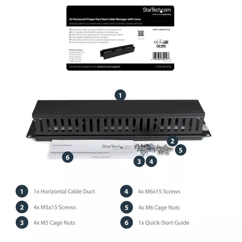 StarTech.com Horizontales 2U-Serverrack-Kabelmanagement-Fingerkanal mit Abdeckung – 19-Zoll-Netzwerkrack-Kabelkanalplatte – Geschlitzter Kabelkanal