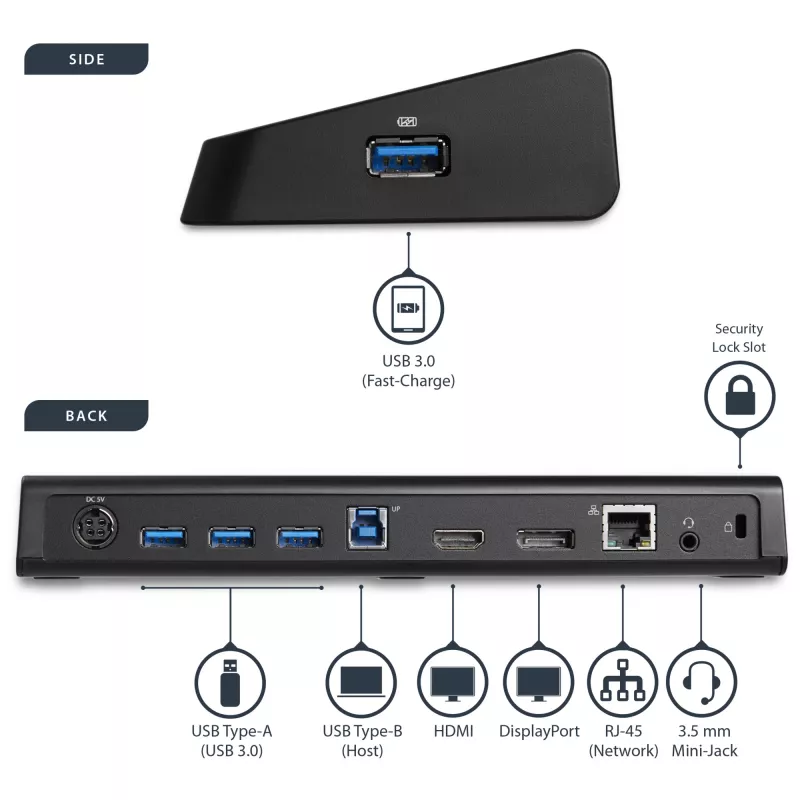 StarTech.com USB 3.0 Dockingstation Dual-Monitor mit HDMI & 4K DisplayPort – USB 3.0 auf 4x USB-A, Ethernet, HDMI und DP – Universelle USB-Typ-A-Laptop-Dockingstation für Mac & Windows