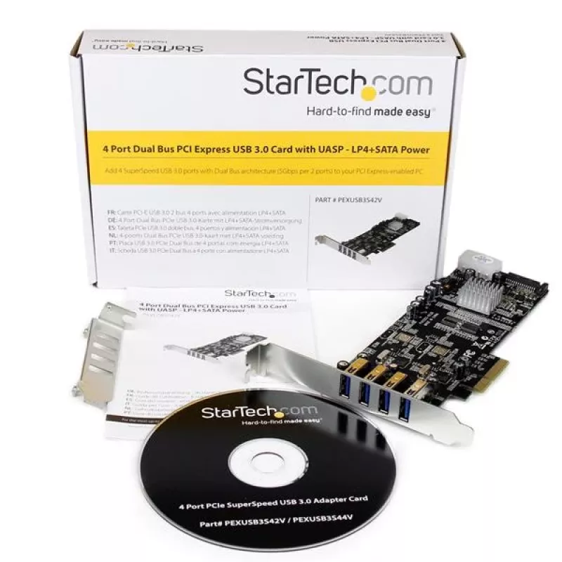 StarTech.com 4-Port PCI Express USB 3.0 Karte, PCIe, USB 3.2 Gen 1 (3.1 Gen 1), Full-Height / Low-Profile, PCI 2.0, Schwarz, Edelstahl, 3 m