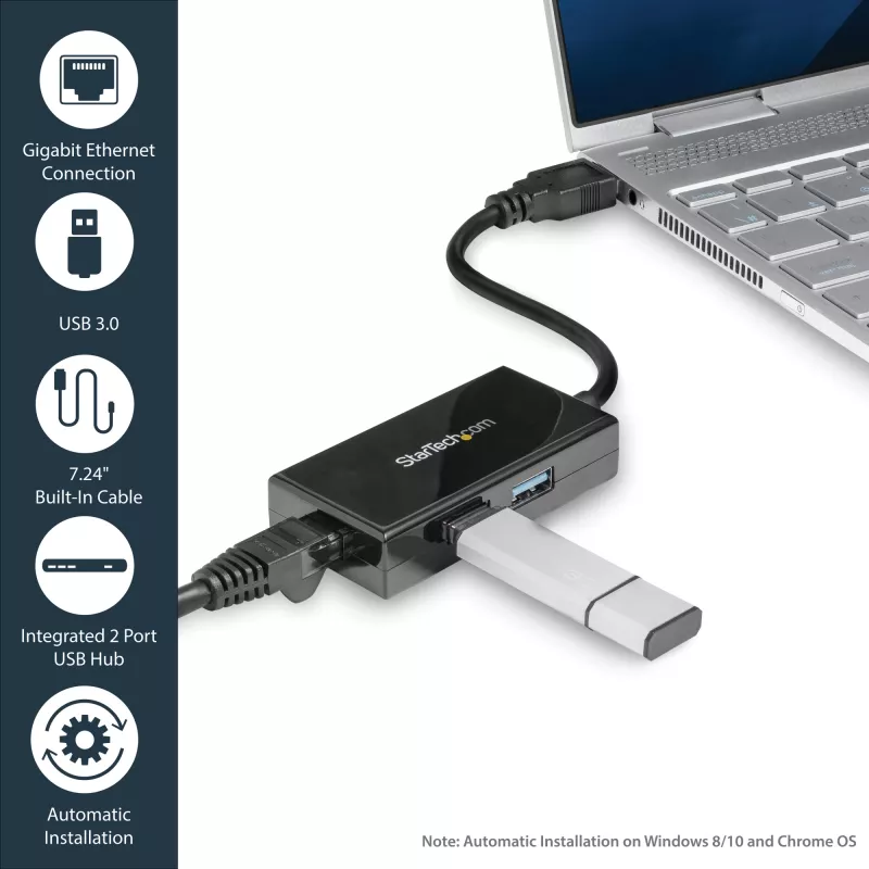 StarTech.com USB-zu-Ethernet-Adapter, USB 3.0 zu 10/100/1000 Gigabit Ethernet LAN-Konverter für Laptops, 11,8″/30 cm fest angebrachtes Kabel, USB-zu-RJ45-Adapter, NIC-Adapter, USB-Netzwerkadapter